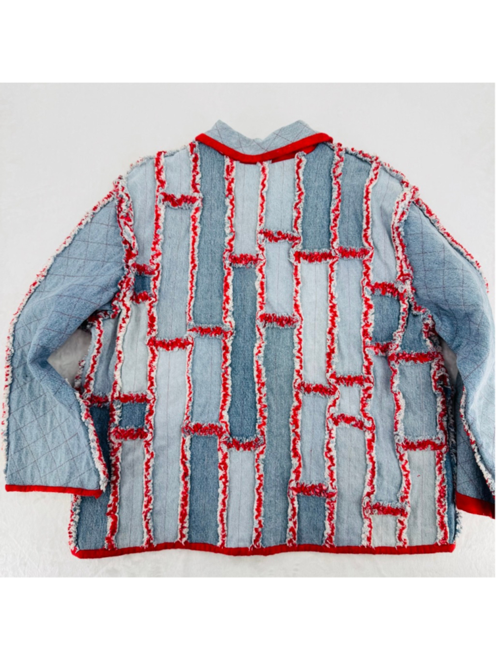 Vintage Heavy Denim Patchwork Jacket Red Lined Raw Fringe Seams Handmade READ - Picture 2 of 11
